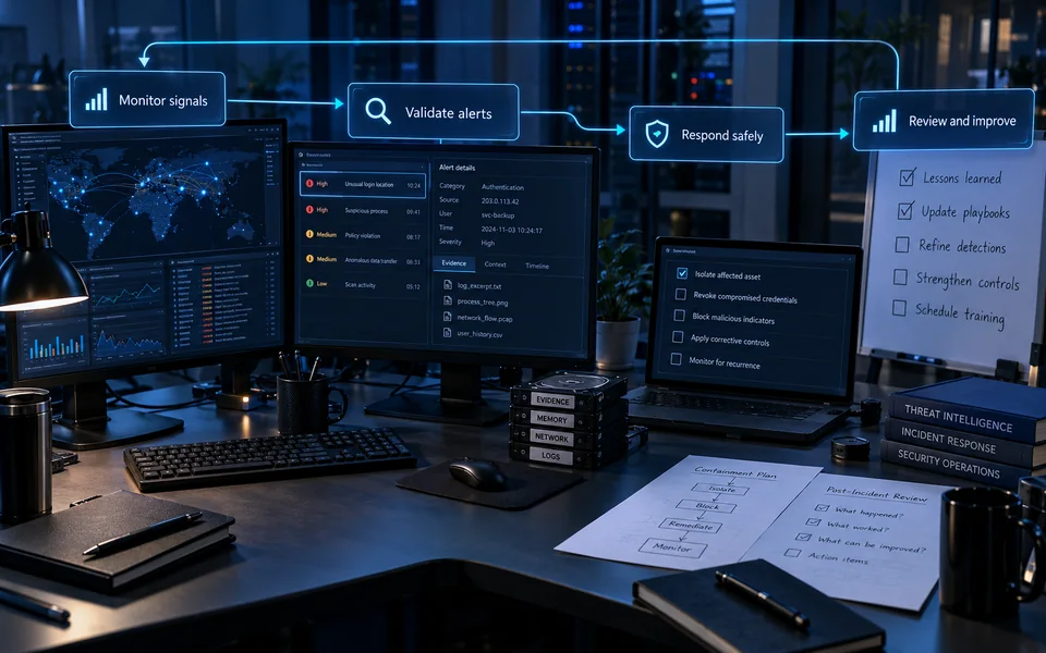 Monitoring and responding to social engineering. Monitor signals, Validate alerts, Respond safely, Review and improve.