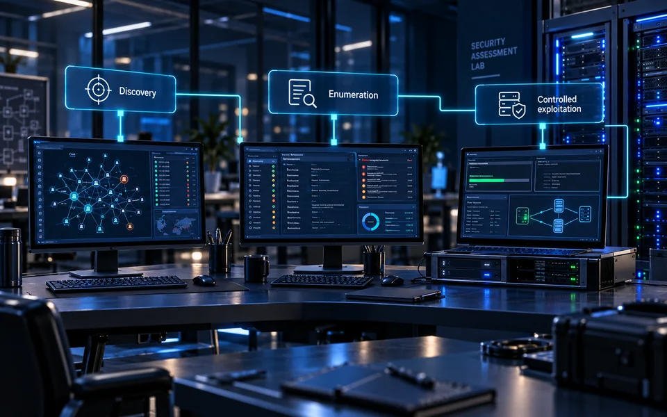 Network testing stages. Discovery, Enumeration, Controlled exploitation.