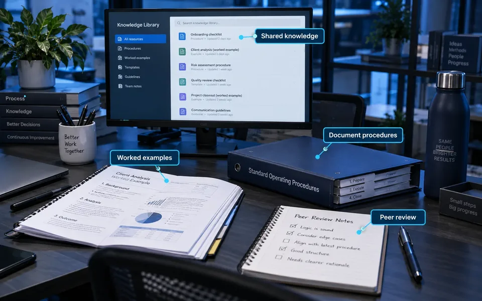 Knowledge transfer workspace: Shared knowledge, Worked examples, Document procedures, Peer review.