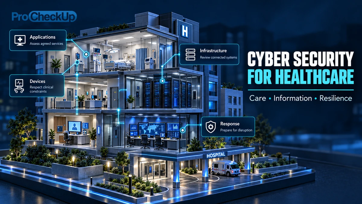 Cyber Security For Healthcare. Care • Information • Resilience. Applications: Assess agreed services; Infrastructure: Review connected systems; Devices: Respect clinical constraints; Response: Prepare for disruption.