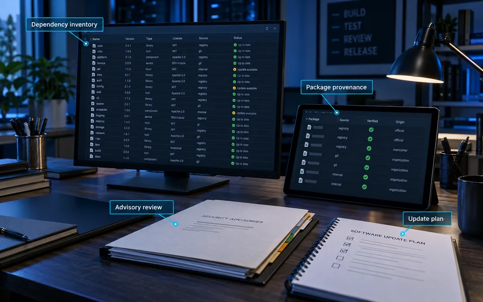 Dependency review: Dependency inventory, Package provenance, Advisory review, Update plan.