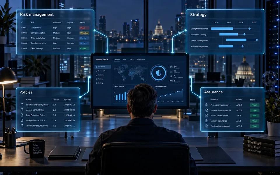 Scope of outsourced CISO services: S, t, r, a, t, e, g, y, |, R, i, s, k, , m, a, n, a, g, e, m, e, n, t, |, P, o, l, i, c, i, e, s, |, A, s, s, u, r, a, n, c, e.