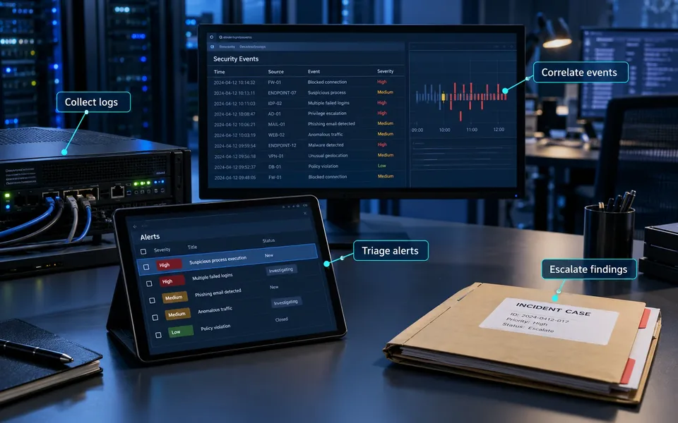 Monitoring, alert triage and escalation: Collect logs, Correlate events, Triage alerts, Escalate findings.