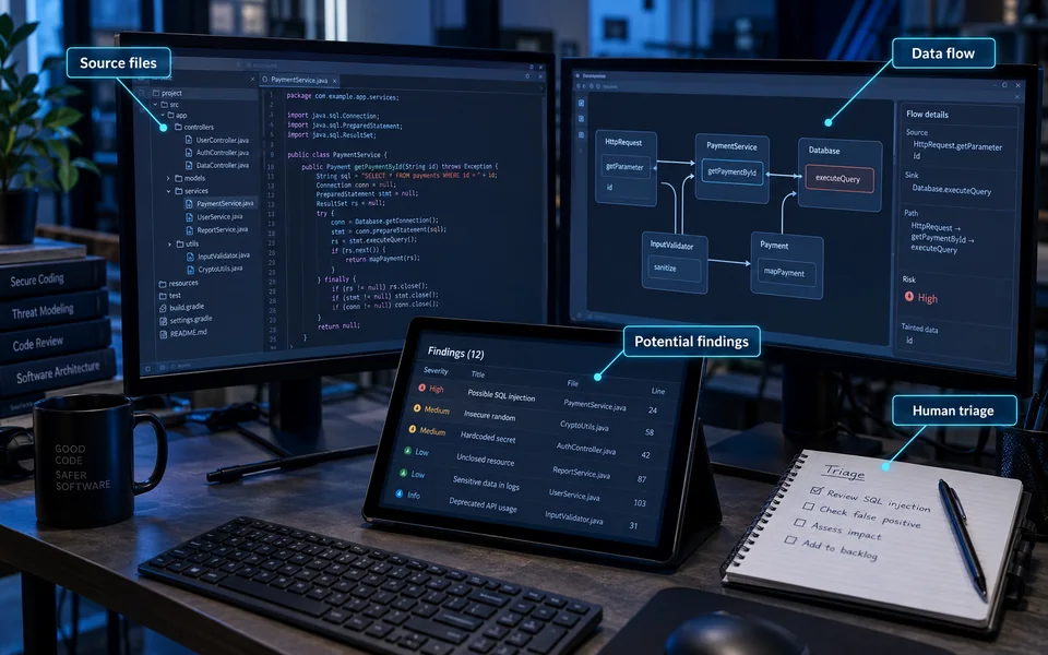 Static code analysis: Source files, Data flow, Potential findings, Human triage.