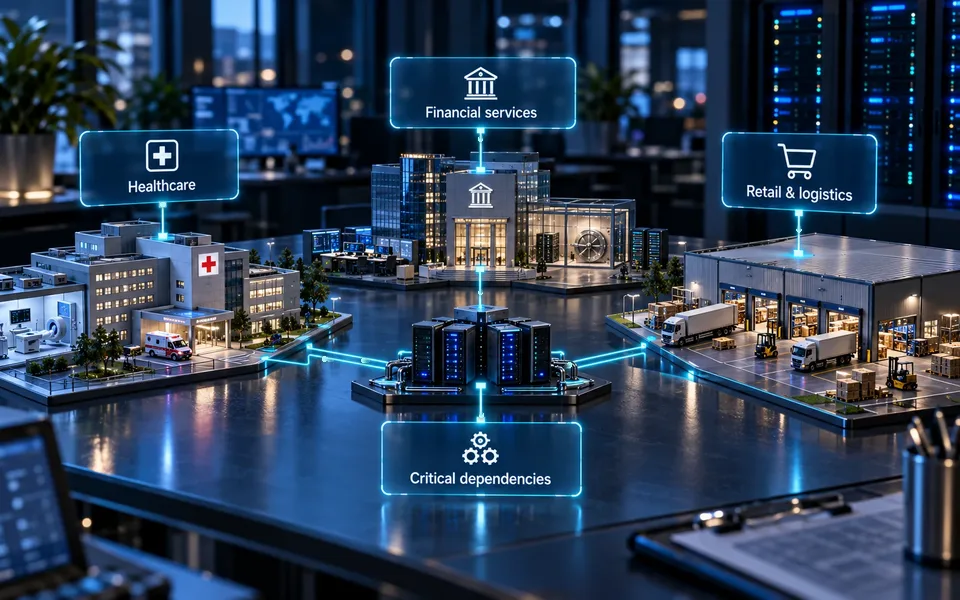 Security risks across different industries: Healthcare, Financial services, Retail & logistics, Critical dependencies.