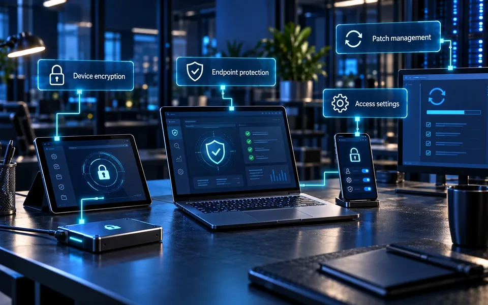 Endpoint security controls: Device encryption, Endpoint protection, Patch management, Access settings.