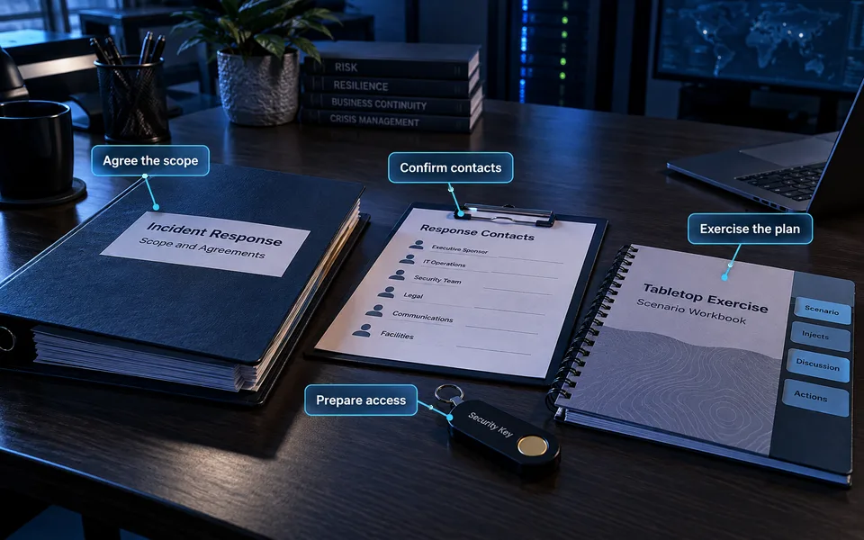 Prepare and activate incident response support: Agree the scope, Confirm contacts, Prepare access, Exercise the plan.