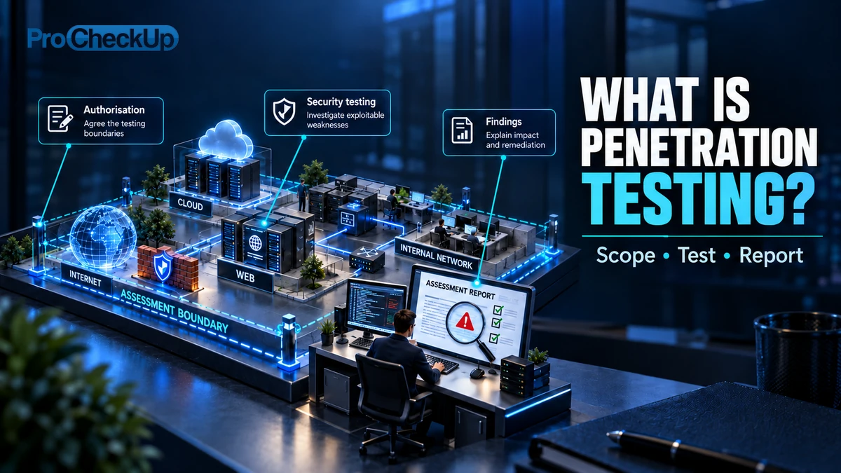 What Is Penetration Testing?. Scope, Test, Report. Authorisation: Agree the testing boundaries; Security testing: Investigate exploitable weaknesses; Findings: Explain impact and remediation.