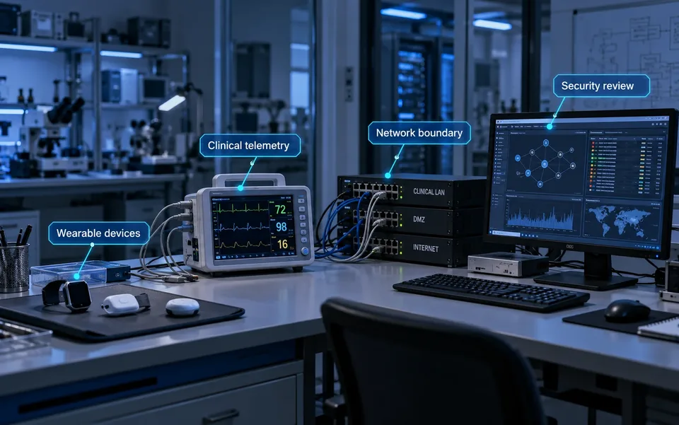 Edge healthcare context: Wearable devices, Clinical telemetry, Network boundary, Security review.