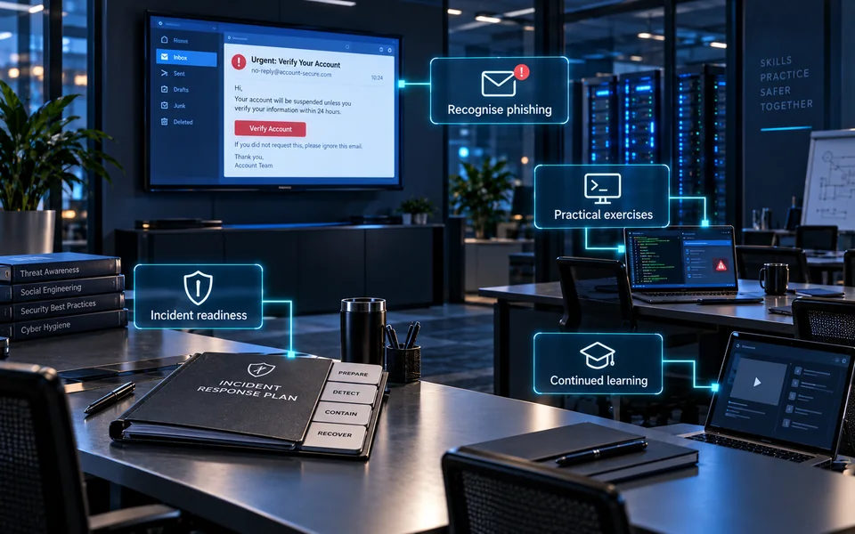 Social engineering awareness and escalation. Recognise phishing, Practical exercises, Incident readiness, Continued learning.