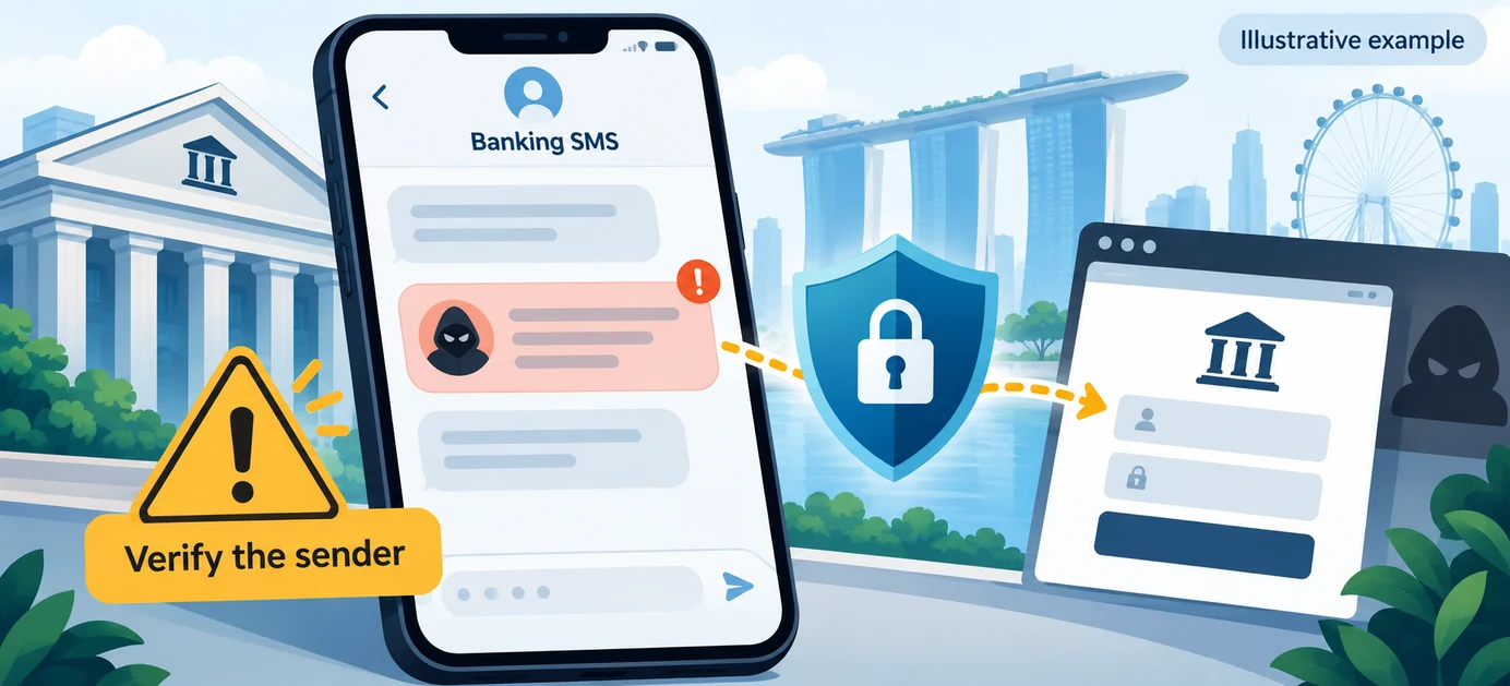 Illustrative banking SMS phishing scenario showing a spoofed message and a suspicious link.