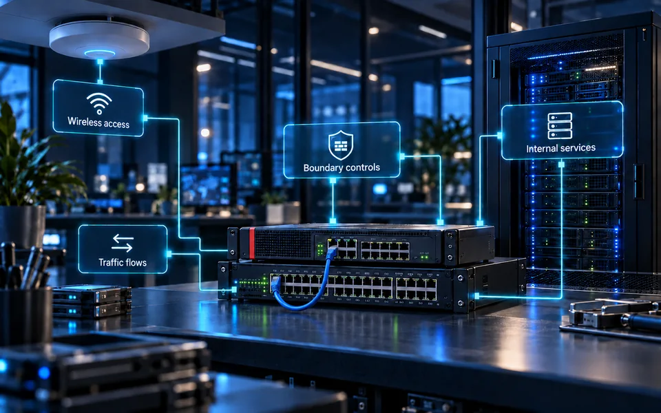 Network security analysis: Traffic flows, Boundary controls, Internal services, Wireless access.