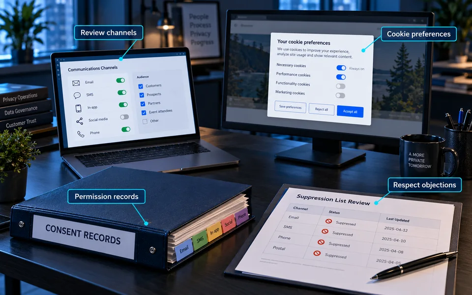 Communications preferences: Review channels, Cookie preferences, Permission records, Respect objections.