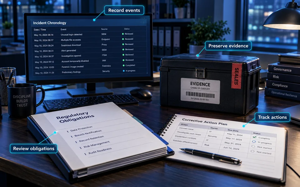 Regulatory evidence review: Record events, Preserve evidence, Review obligations, Track actions.