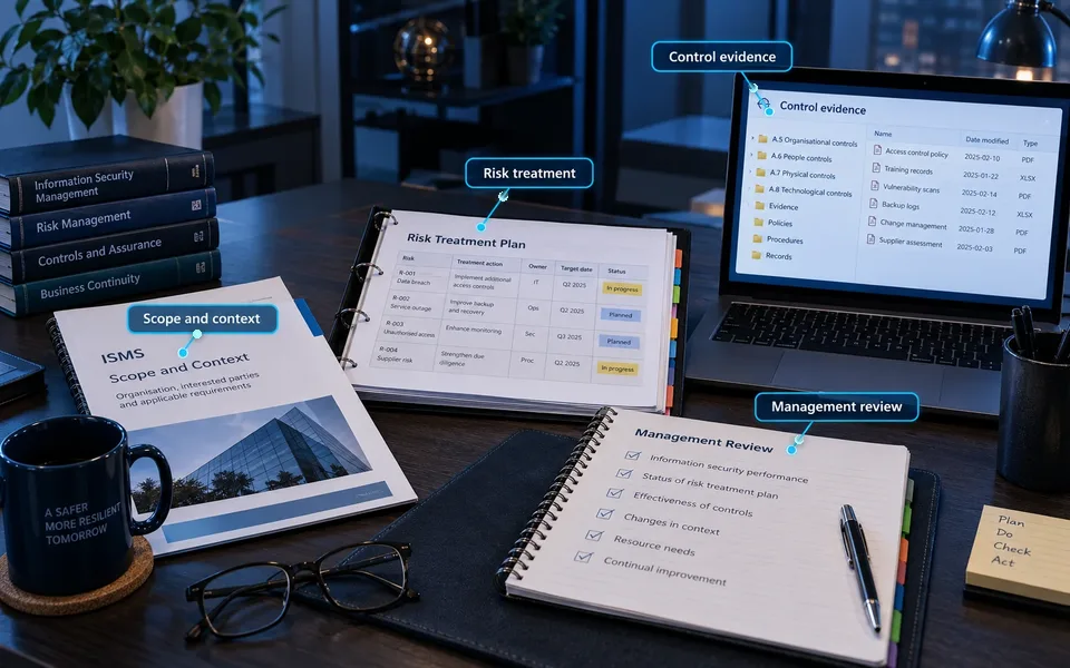 Managing information security: Scope and context, Risk treatment, Control evidence, Management review.