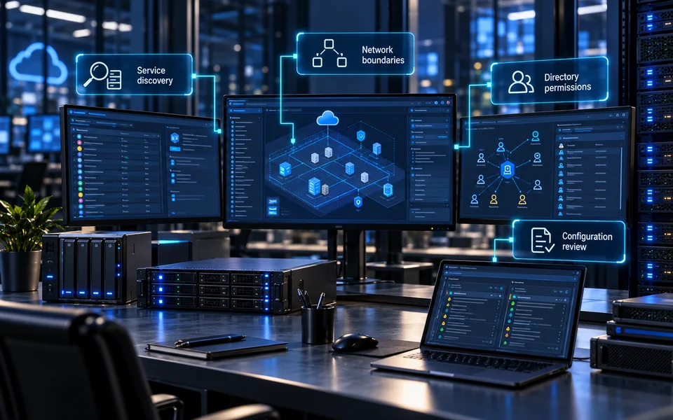 Azure scanning and enumeration: Service discovery, Network boundaries, Directory permissions, Configuration review.