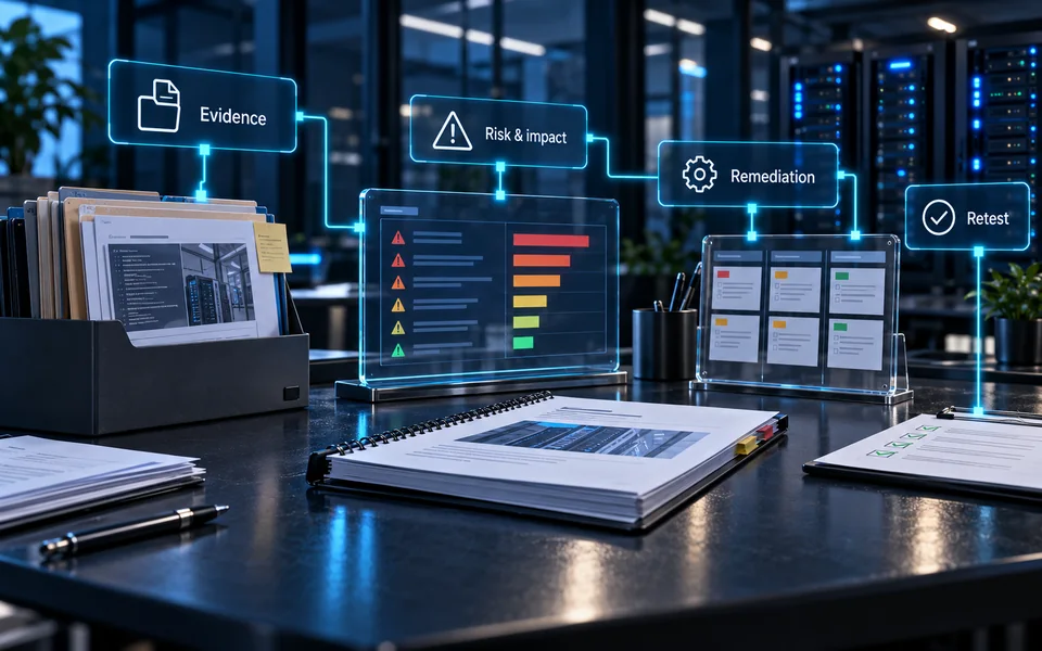 An evidence-based security report connects validated findings, business impact, remediation and retesting.