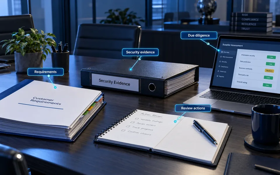 Stakeholder assurance review: Requirements, Security evidence, Due diligence, Review actions.