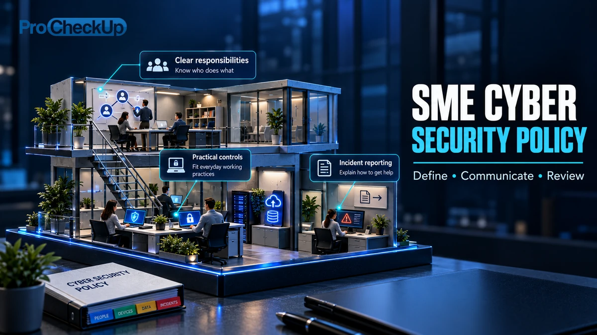 Sme Cyber Security Policy. Define, Communicate, Review. Clear responsibilities: Know who does what; Practical controls: Fit everyday working practices; Incident reporting: Explain how to get help.