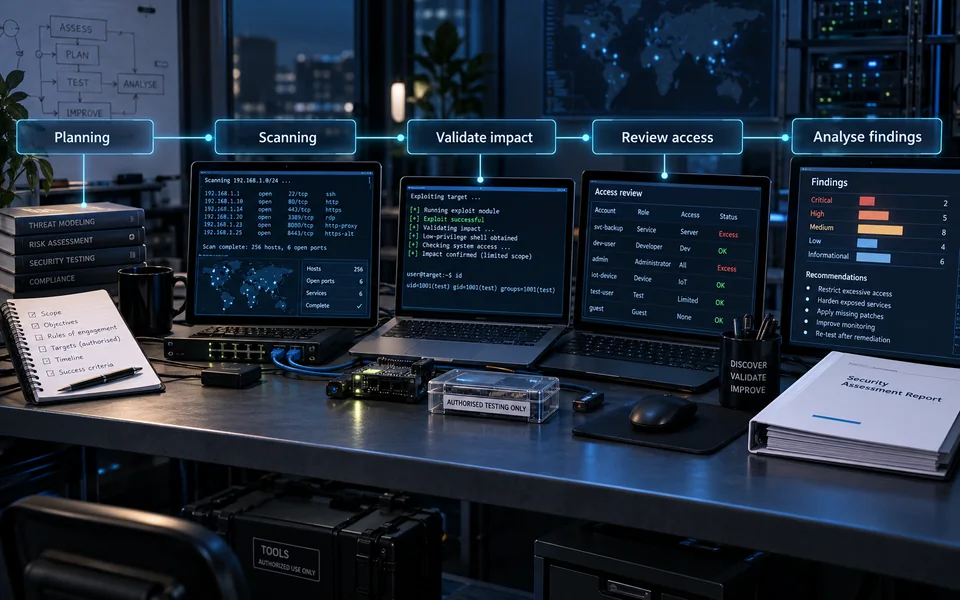 Penetration testing stages. Planning, Scanning, Validate impact, Review access, Analyse findings.