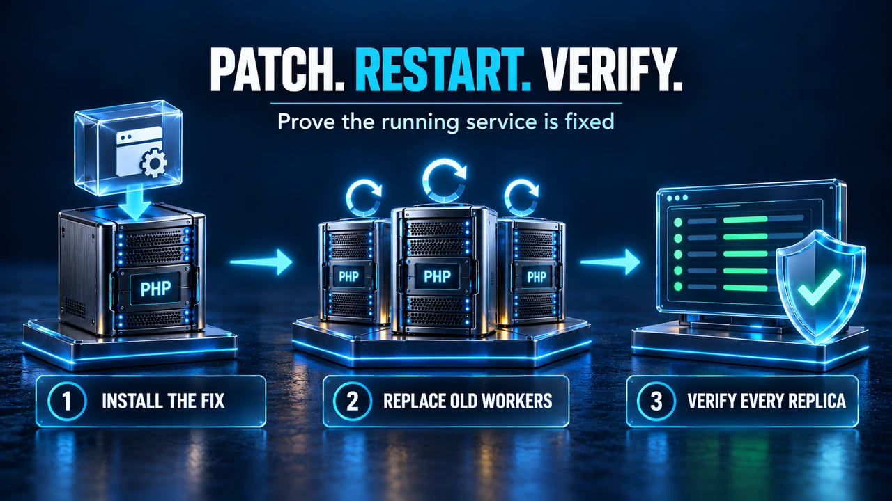 Install the fixed PHP build, replace old workers, then verify every running replica. Patching does not remove an existing intrusion.