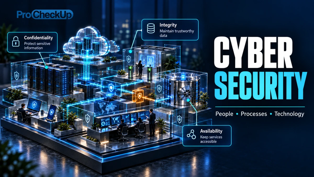 Cyber security protects confidentiality, integrity and availability through people, processes and technology.