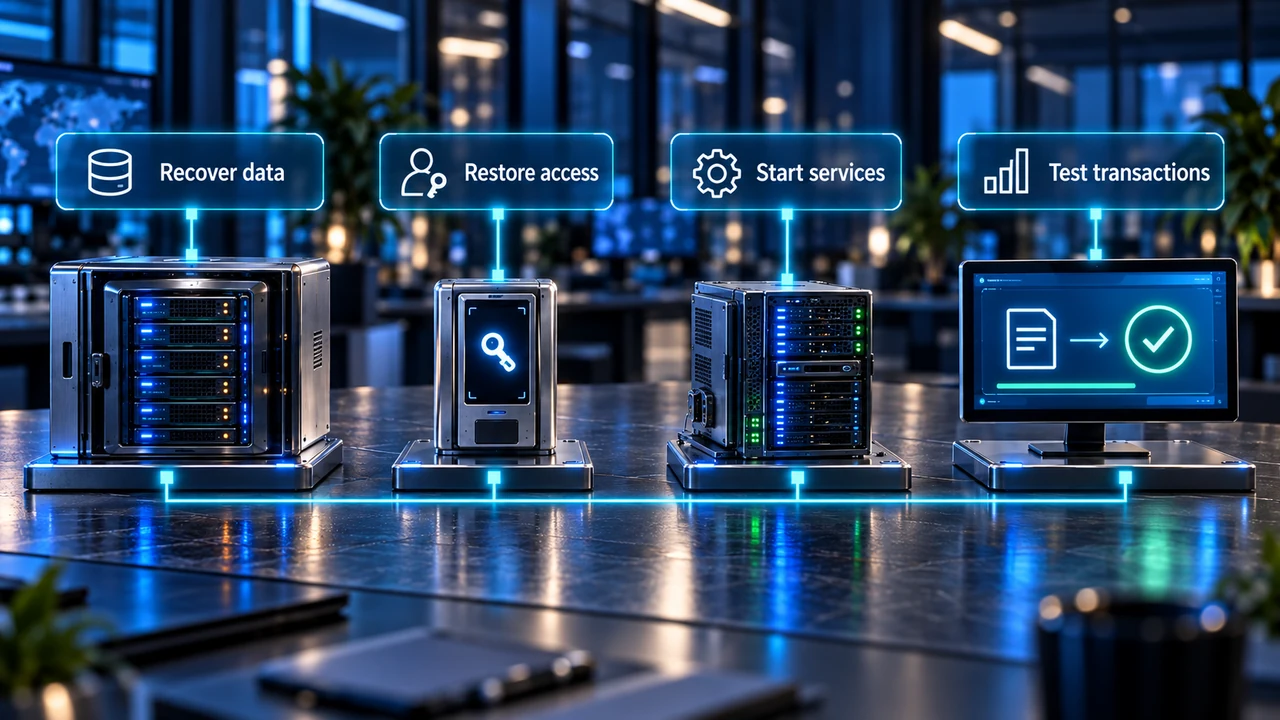 Four recovery-test stations labelled Recover data, Restore access, Start services and Test transactions.