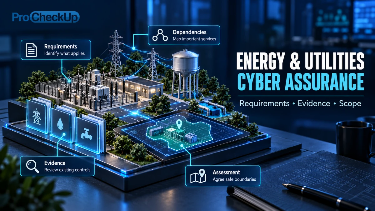 Energy & Utilities Cyber Assurance. Requirements • Evidence • Scope. Requirements: Identify what applies; Dependencies: Map important services; Evidence: Review existing controls; Assessment: Agree safe boundaries.