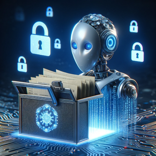 A robot with a mask and a briefcase

Description automatically generated