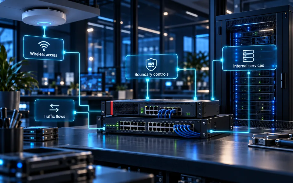 Network security assessment. Traffic flows, Boundary controls, Internal services, Wireless access.