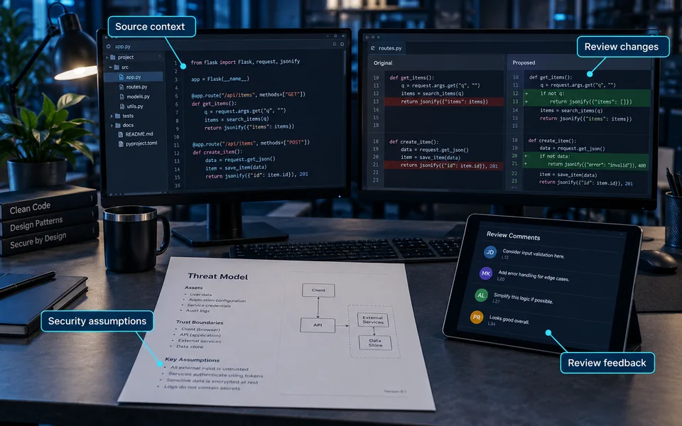Secure code review workbench: Source context, Review changes, Security assumptions, Review feedback.