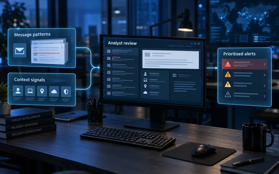 Detection tools and human review. Message patterns, Context signals, Analyst review, Prioritised alerts.