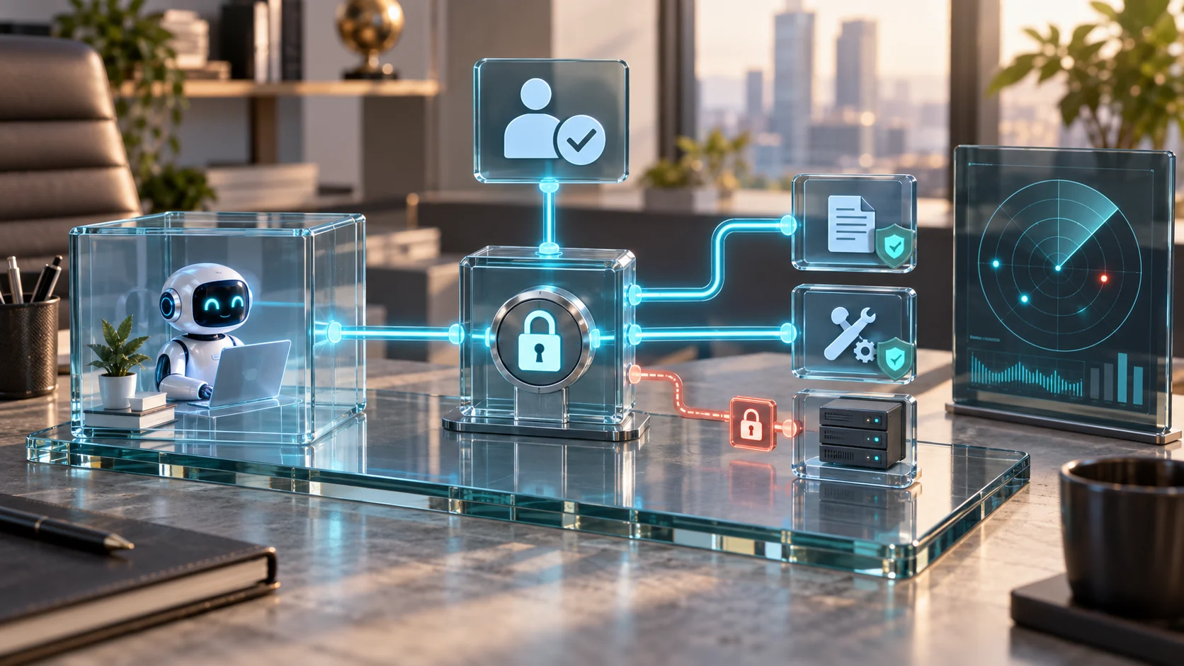 A friendly robot works inside a controlled workspace; human approval and a lock govern access to documents and tools, while monitoring tracks activity and a restricted server connection is blocked.