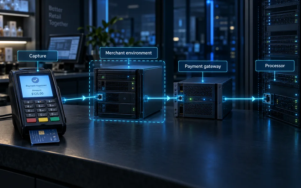 Cardholder data flow: Capture, Merchant environment, Payment gateway, Processor.