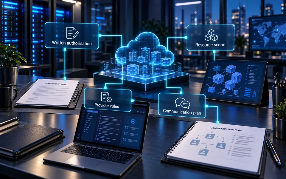 Cloud testing preparation and authorisation: Written authorisation, Resource scope, Provider rules, Communication plan.