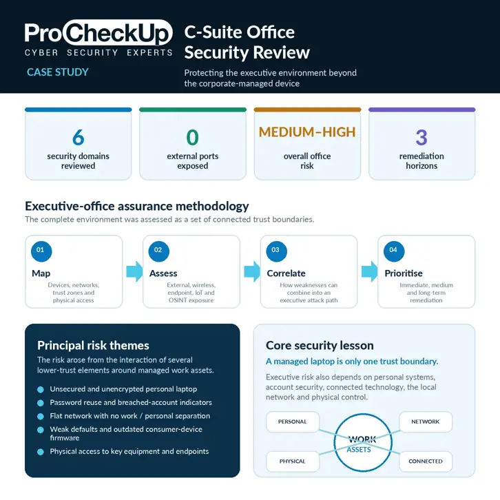 Overview of ProCheckUp's C-Suite Office Security Review, showing the assessment domains, overall risk, testing approach and principal security lessons