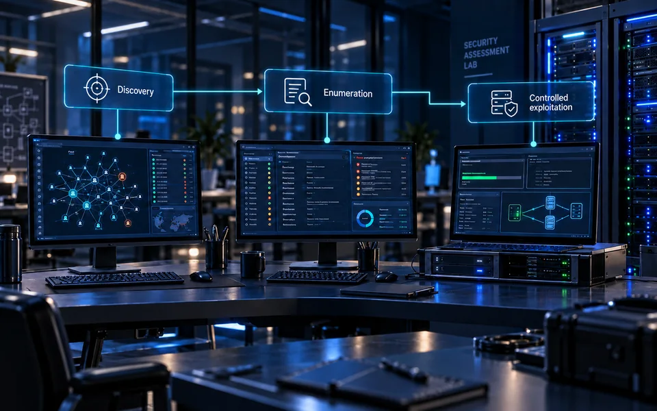 Infrastructure testing stages: Discovery, Enumeration, Controlled exploitation.
