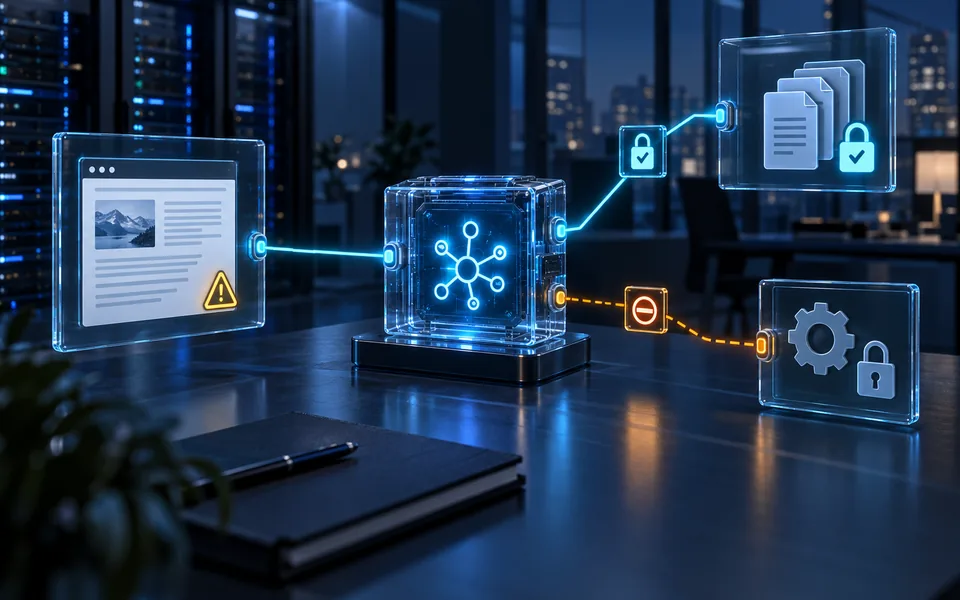 An external document feeds an AI agent; an approved document repository is accessible through a permission checkpoint while an administrative tool is blocked.