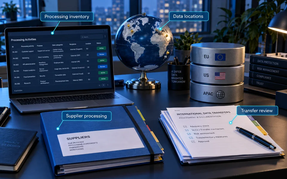Privacy data flows: Processing inventory, Data locations, Supplier processing, Transfer review.