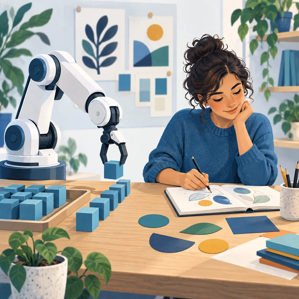 Editorial illustration of a person and a robot sharing repetitive and creative work.