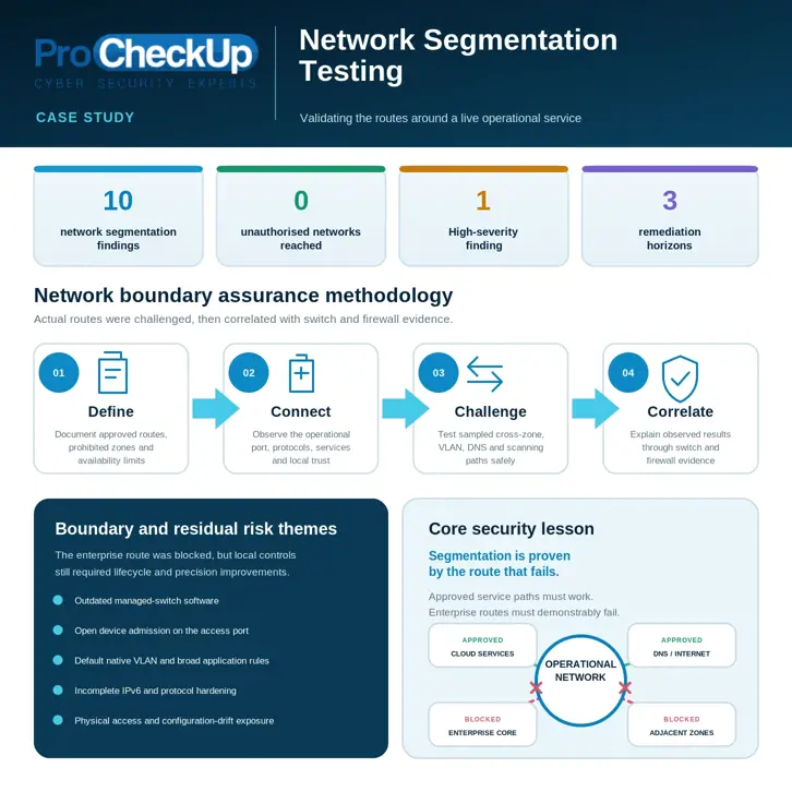 Overview of an anonymised ProCheckUp network segmentation assessment showing ten findings, zero unauthorised networks reached, one High-severity issue, the Define, Connect, Challenge and Correlate methodology, and a boundary model separating approved service routes from blocked enterprise routes