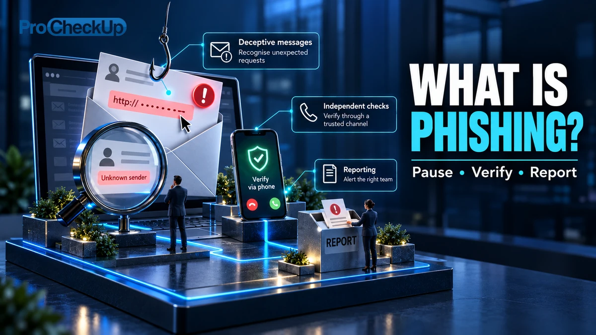 What Is Phishing?. Pause, Verify, Report. Deceptive messages: Recognise unexpected requests; Independent checks: Verify through a trusted channel; Reporting: Alert the right team.
