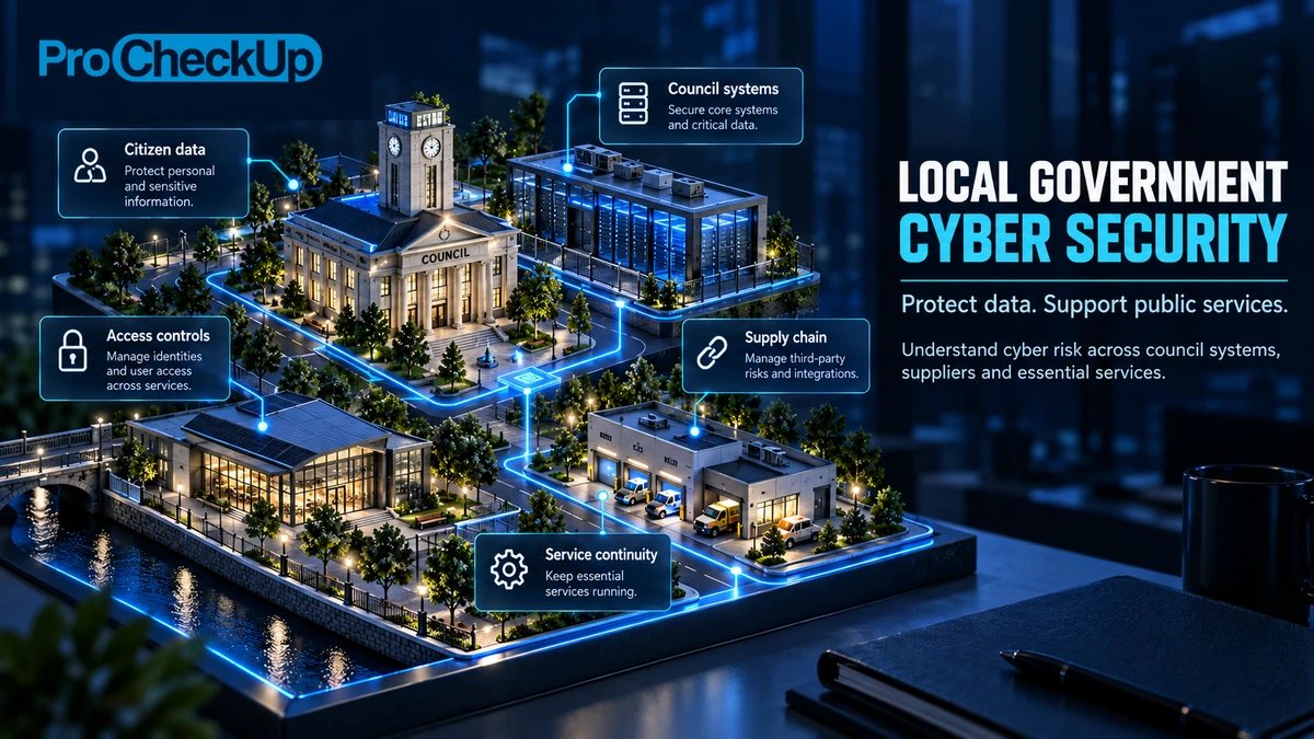Local government cyber security: citizen data, access controls, council systems, supply chain risk and service continuity.
