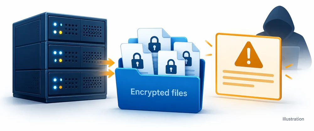 Conceptual illustration of ransomware encrypting files on a server.