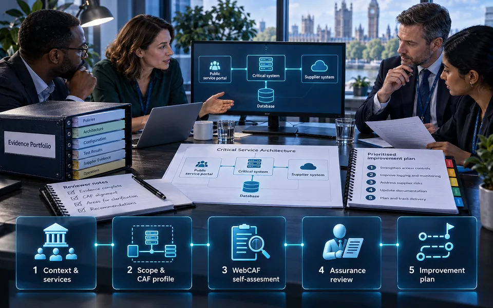 GovAssure assessment journey: organisational context and essential services; system scope and CAF profile; WebCAF self-assessment; assurance review; targeted improvement planning.