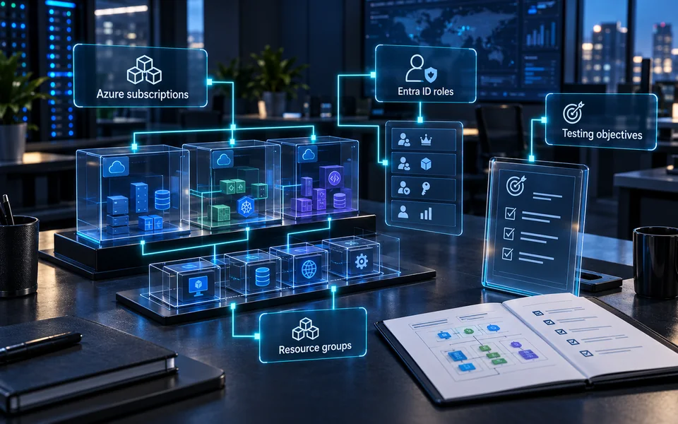Azure and Entra ID assessment planning: Azure subscriptions, Entra ID roles, Resource groups, Testing objectives.
