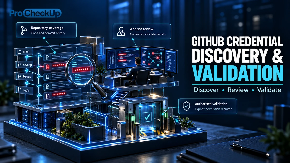Github Credential Discovery & Validation. Discover, Review, Validate. Repository coverage: Code and commit history; Analyst review: Correlate candidate secrets; Authorised validation: Explicit permission required.