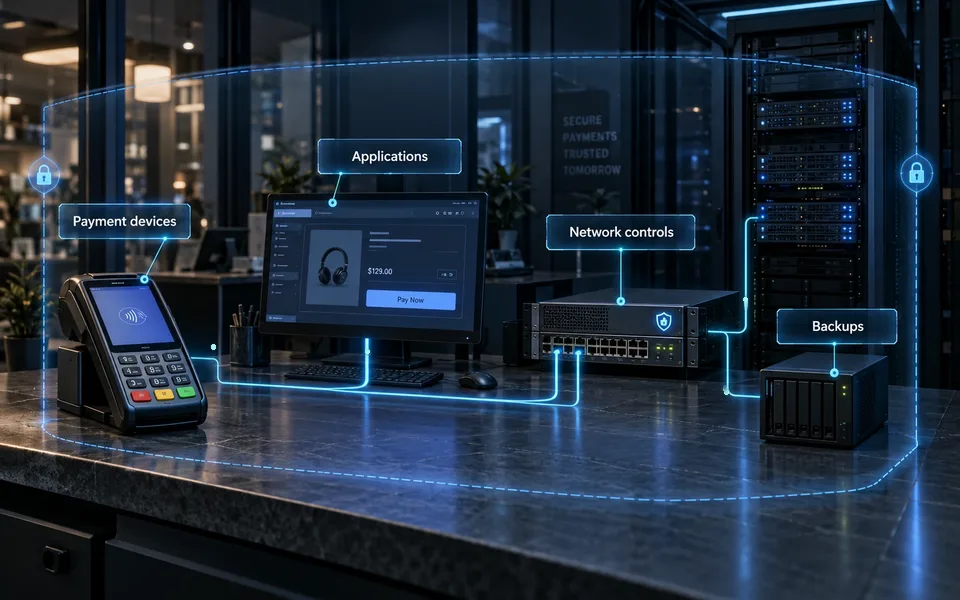 Technology within payment security scope: P, a, y, m, e, n, t, , d, e, v, i, c, e, s, |, A, p, p, l, i, c, a, t, i, o, n, s, |, N, e, t, w, o, r, k, , c, o, n, t, r, o, l, s, |, B, a, c, k, u, p, s.