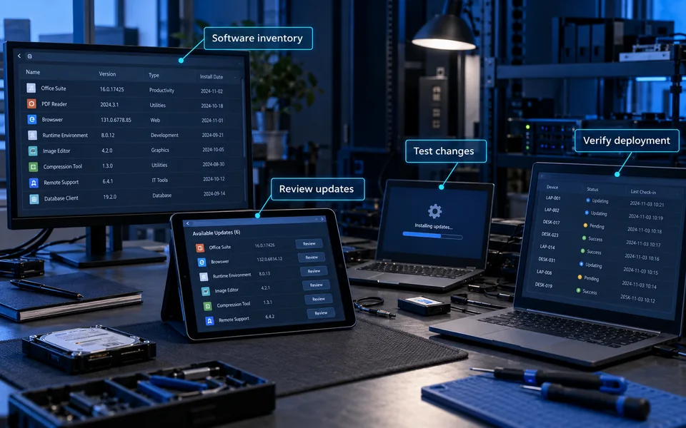 Patch update lifecycle: Software inventory, Review updates, Test changes, Verify deployment.