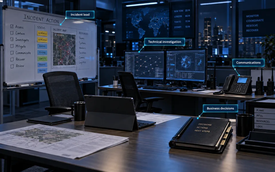 Coordinating the incident response team: Incident lead, Technical investigation, Communications, Business decisions.